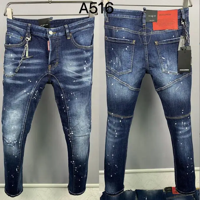 

Men's Washing Worn Out Paint Jeans Men Patches Printed Hole Chain Blue Casual Denim Jeans