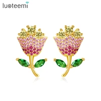 luoteemi tulips flower shape stud earrings for women party colorful cubic zircon fashion jewelry for girl wedding accessories