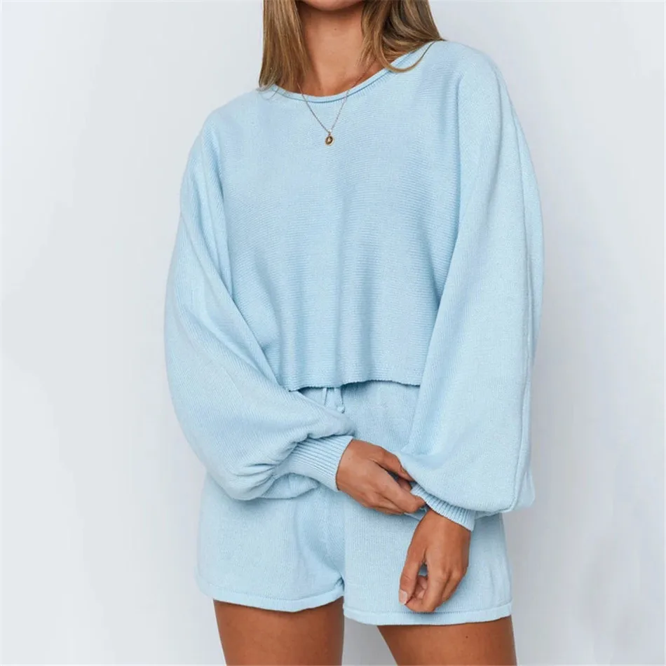 Fashion Sweater Pullover O-Collar 2 Piece Sets Women Solid Long Sleeve Sweatshirt And Shorts Suits Autumn Clothes Female Outfits