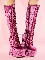 platform pink velvet knee high boots lace trim heart patchchunky block heels adjustable laces side zip fashion women shoes new