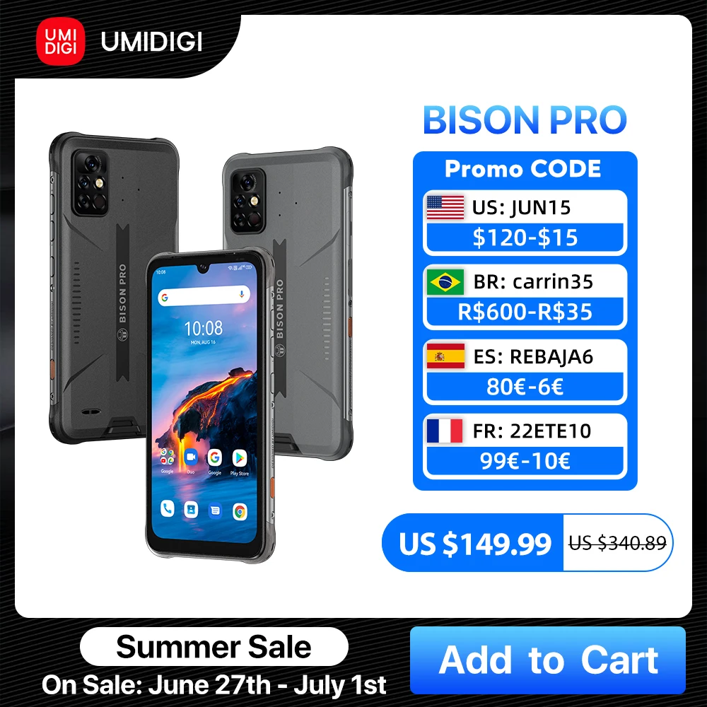 UMIDIGI BISON PRO Global Version Rugged Phone 128GB IP68 Helio G80 NFC 48MP Triple Camera 6.3''FHD+ 5000mAh Battery Smartphone