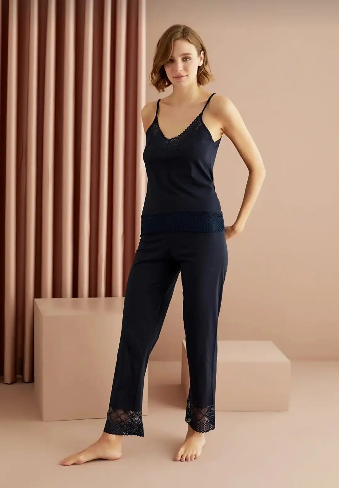 2022 Hot Women Black Cotton Rope Strap Lace Pajamas Set Nightgown Female Sleep Lycra Two Piece Comfortable Stylish Design Gift