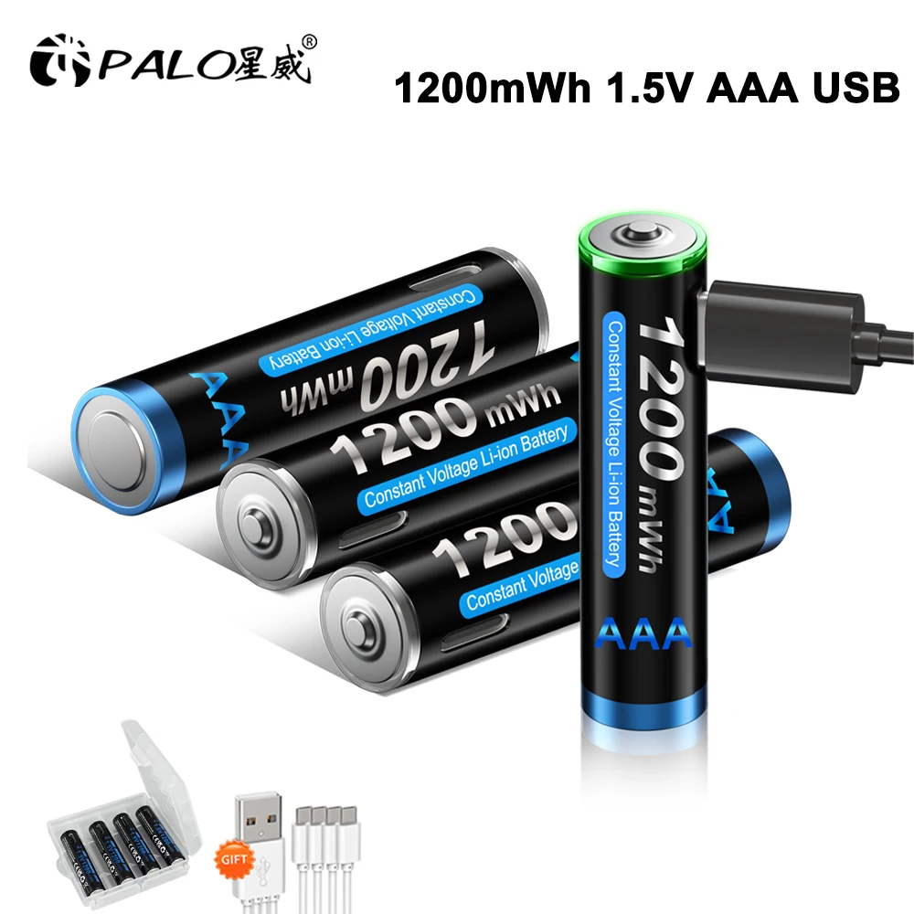 Фото Литиевые аккумуляторы AAA 1.5V 1200mWh, перезаряжаемые USB Li-ion батареи 1.5V AAA с кабелем 4-в-1 для фонариков, игрушек, камер №1
