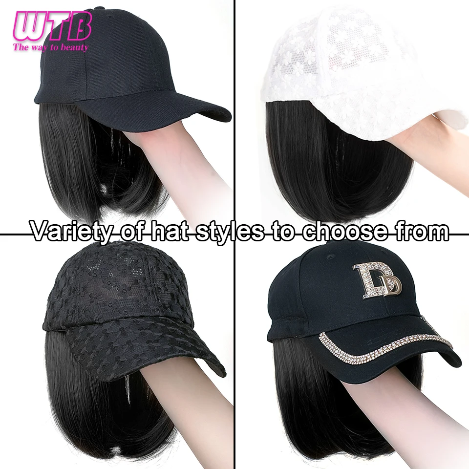 WTB Synthetic Natural Wigs Hat Seamless Connection Hair Extension for Women Wigs Short Bob Baseball Cap Wig Adjustable Black images - 6