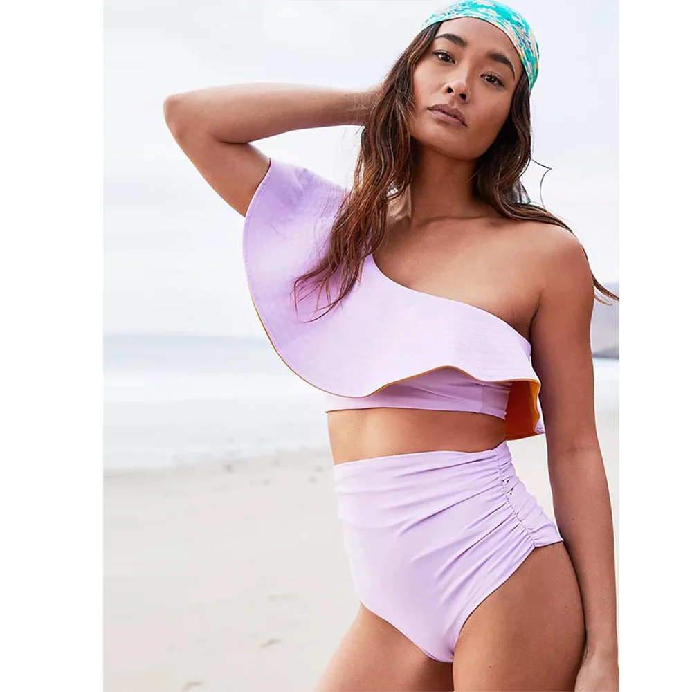 Однотонный раздельный купальник с оборками комплект асимметричной пляжной