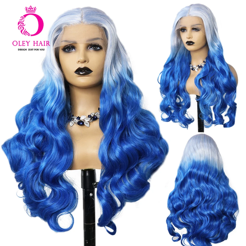 Ombre Blue Colored Synthetic 30 Inch Loose Wave 13x4 Lace Front Transparent Preplucked Drag Queen Cosplay Wigs With Black Women