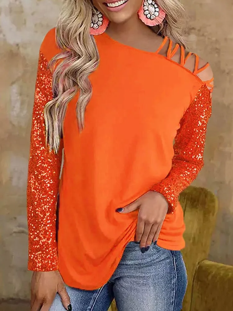 

One Sided Cold Shoulder T-shirts Women Glitter Criss-Cross Strappy Long Sleeve Casual Tee Tshirt Female 2022 Fall Outfits New In