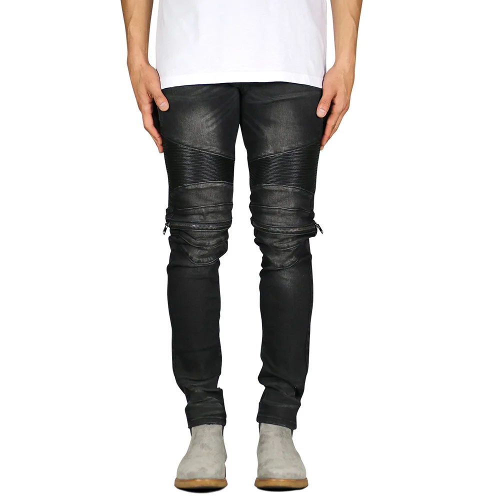 Personality Retro Wash Old Pleated Splicing Zip Decoration Men's Slim Fit Small Feet Joggers Street Wear Pencil Jeans For Men