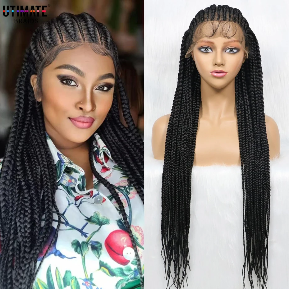 36inch Large KnotLess Box Braid Lace Wig for Black Women Braided Wig  Full Lace Glueless Box Braids Wig Women Synthetic Braided