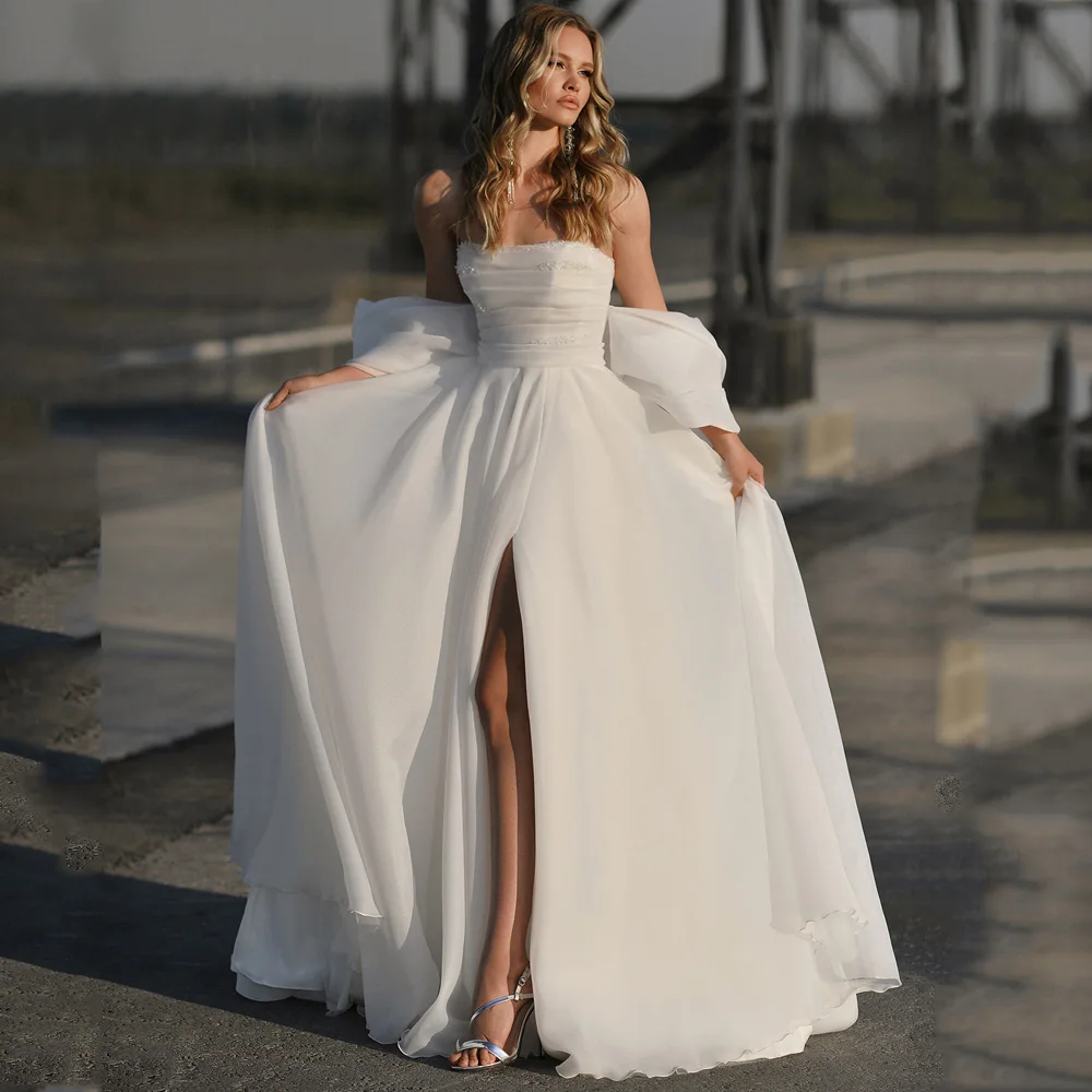 

Gorgeous Sexy Off-shoulder Organza Wedding Dresses High Slit White Ivory A-line Ball Gown Plus Size 2023 Country Bride Dress
