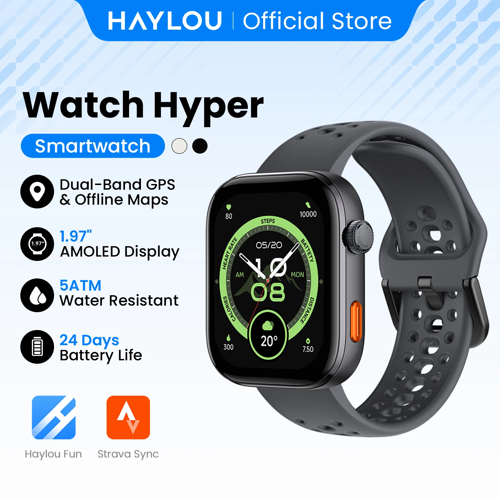 Фото Умные часы HAYLOU Watch Hyper с AMOLED-дисплеем 1.97 дюйма, поддержкой двухдиапазонного GPS, компасом, офлайн-картами, функцией ответа на сообщения, водонепроницаемостью 5ATM. №1