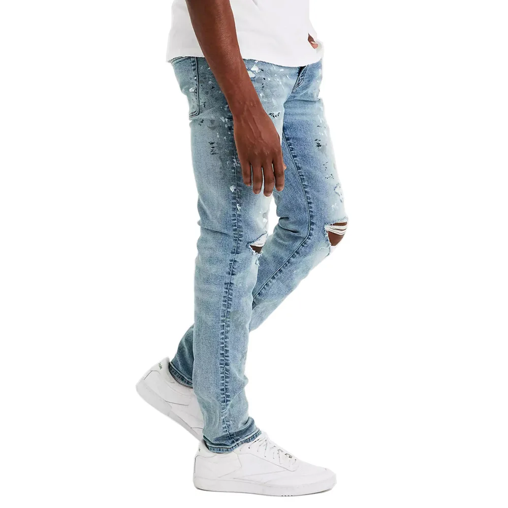 Fashion High Street Hole Washed Splash Ink Personality Slim Fit Elastic Men'S Jeans Retro Joggers Y2K Pencil Jeans For Men