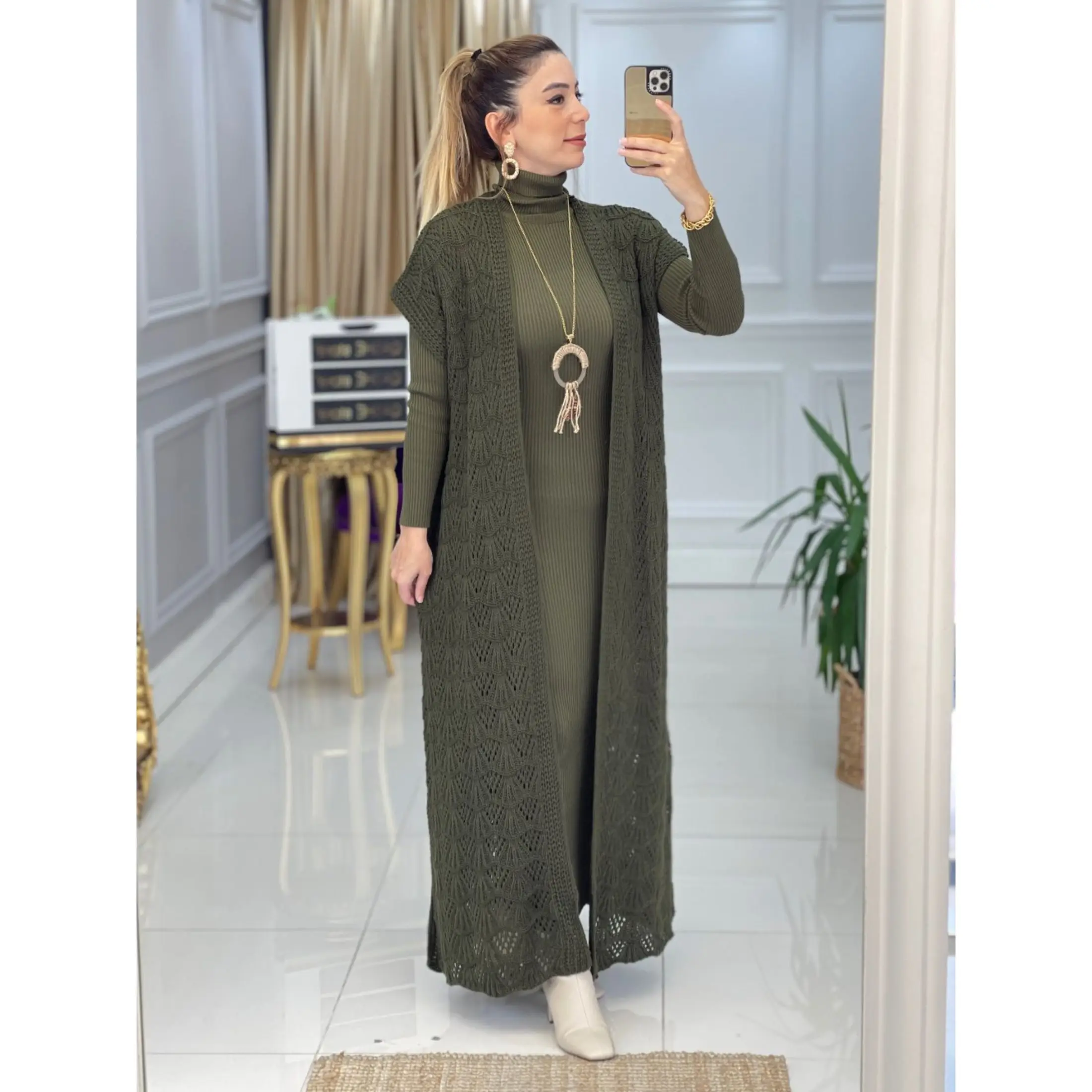 Two Piece Muslim Sets Maxi Dress and Lace Detailed Cardigan Abaya Set Modest Islamic Clothing Sets Hijab Turkish Dresses Dubai