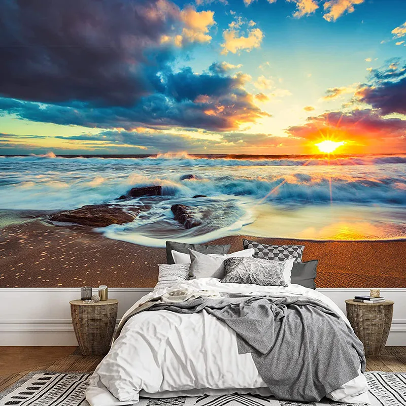 

Пользовательские 3D обои, природный пейзаж для стен, закат, море, пляж, HD фон, стена, гостиная, настенные бумаги
