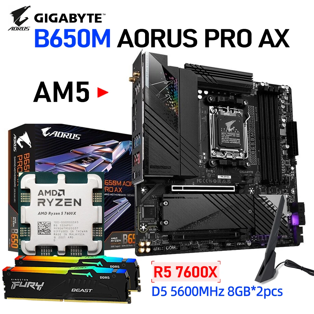 

Материнская плата Gigabyte B650 AM5 CPU AM5 Kit RYZEN 5 7600X + комплект ОЗУ DDR5 5600 МГц 16 Гб (8GBx2) ОЗУ для телефона B650M AORUS PRO AX WIFI 6E PCIe 5.0 M.2 AMD B650 DDR5 RGB Rams Set CPU Ryzen 5 CPU