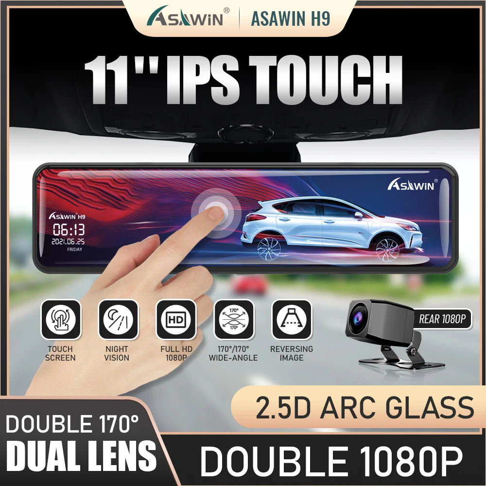 Asawin H9 11 Inch IPS Touch Car DVR 1080P Stream Medica Mirror Dash Cam Double Cameras Dashcam Dual Lens Rear Camera