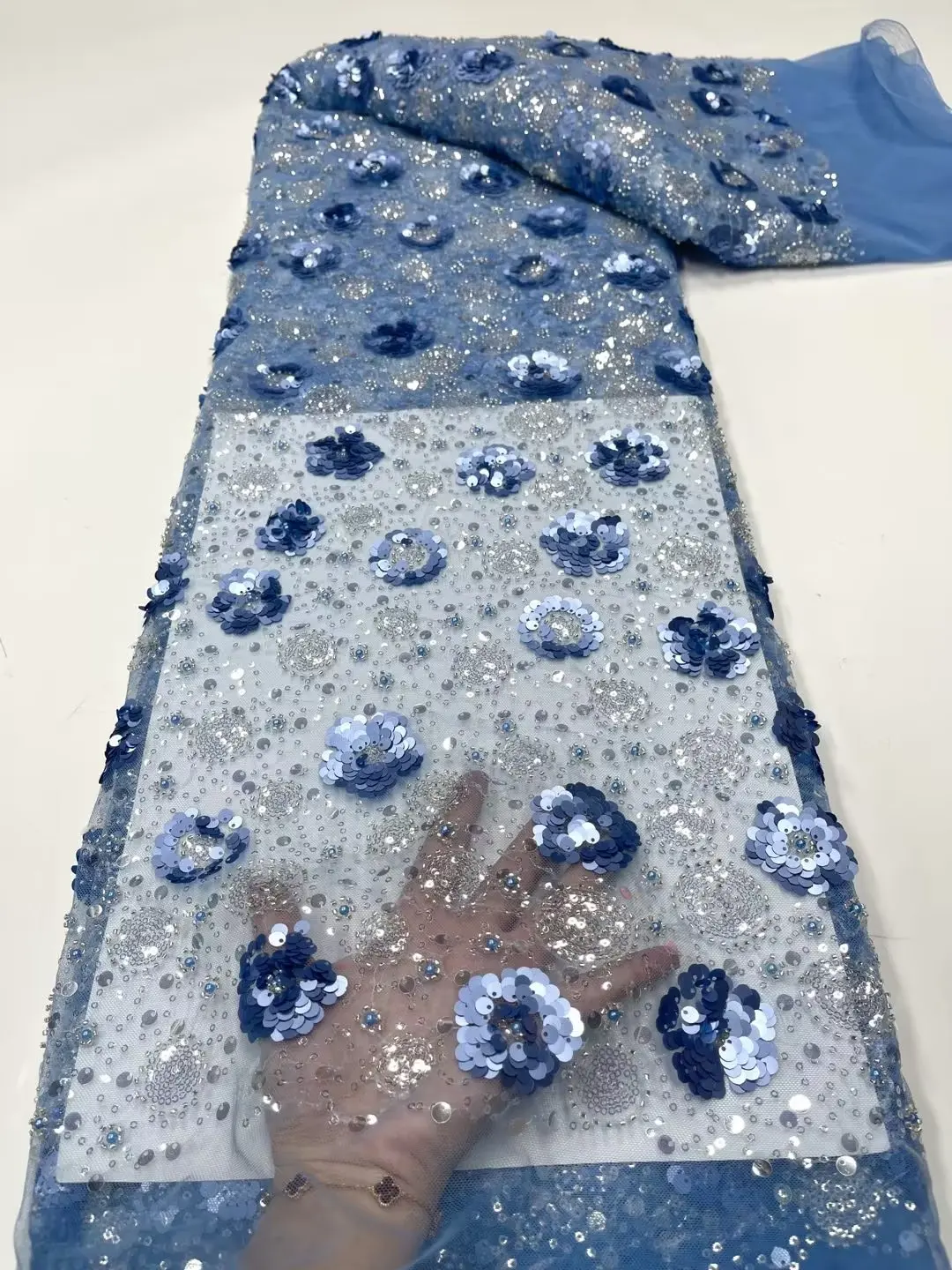 

Nice Hot Sales 5 Yards African Aso Ebi Party Dress Material in Sky Blue With Many Sequins Flowers Tulle Fabric Lace T0308-2