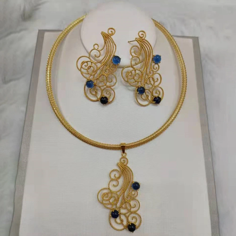 

Gold Plated Jewelry Set Women Trend Flower Pedant Necklace and Earrings Stone Jewellery for African Dubai 2Pcs Set for Bridal