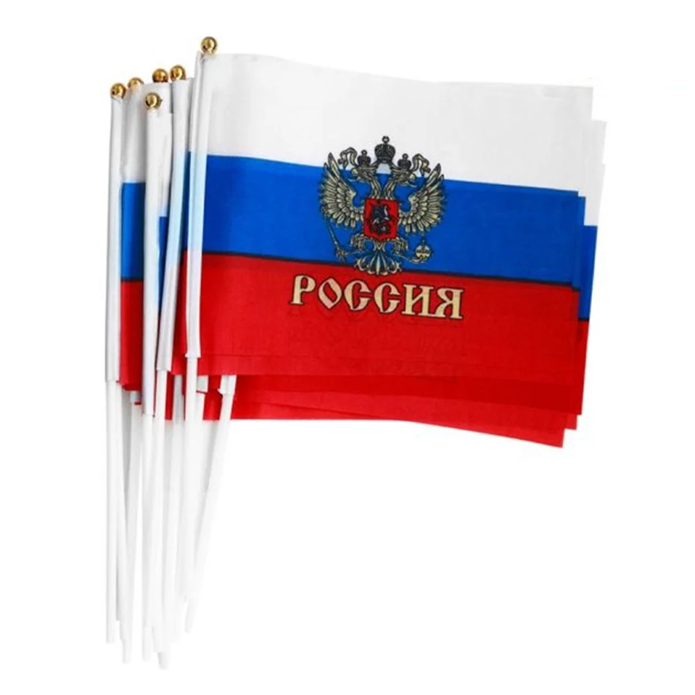 Флаг РОССИИ с Гербом 13,5x21 см на палочке, набор 10 штук, триколор, полиэфирный шелк, двухсторонний