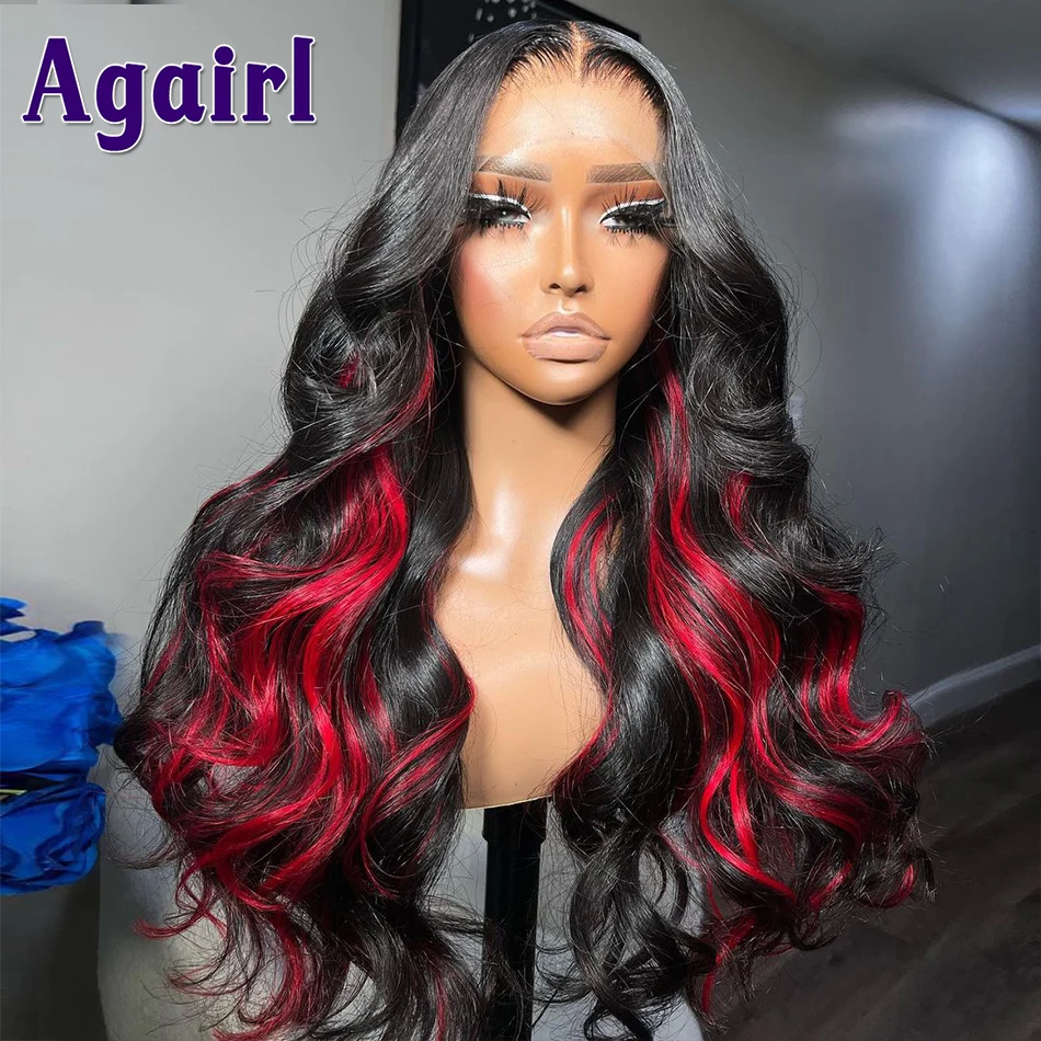 13X6 13X4 Highlight Hot Red with Black 180% Density Colored Human Hair Lace Frontal Wig Blood Red Black Body Wave Lace Front Wig