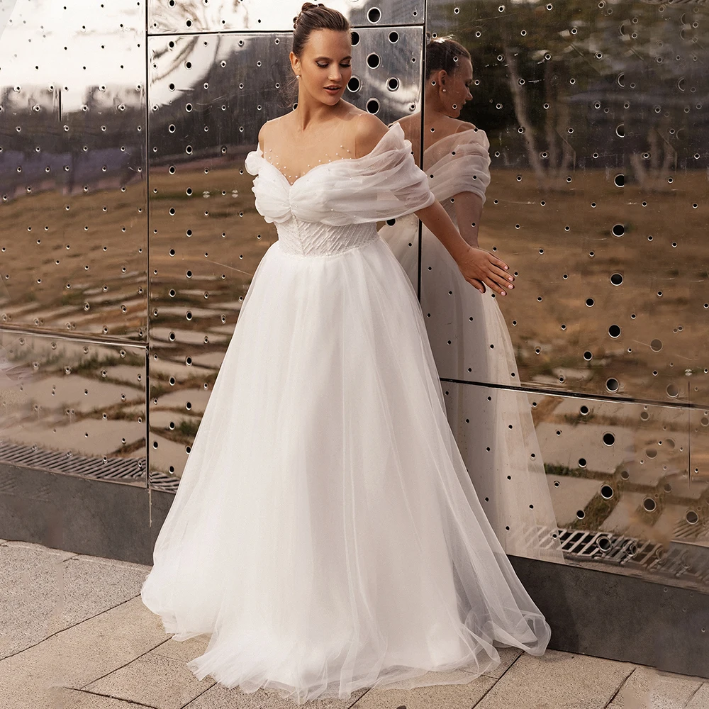 

Weilinsha Elegant Off the Shoulder Plus Size Wedding Dress Illusion Scoop with Pearls Button Back Court Train Bridal Dress