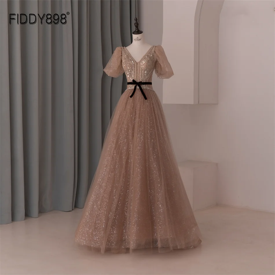 

2022 Elegant Women Simple Evening Dresses V-neckline Short Sleeve and Sash Party Gown for Women LWC6687
