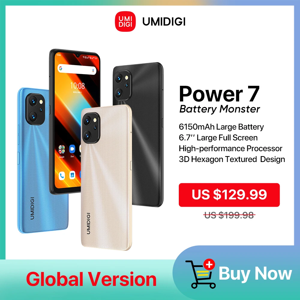 Смартфон UMIDIGI Power 7, Android, Unisoc T610, 4 + 128 ГБ, 6,7 дюйма, задняя камера 20 МП, аккумулятор 6150 мАч