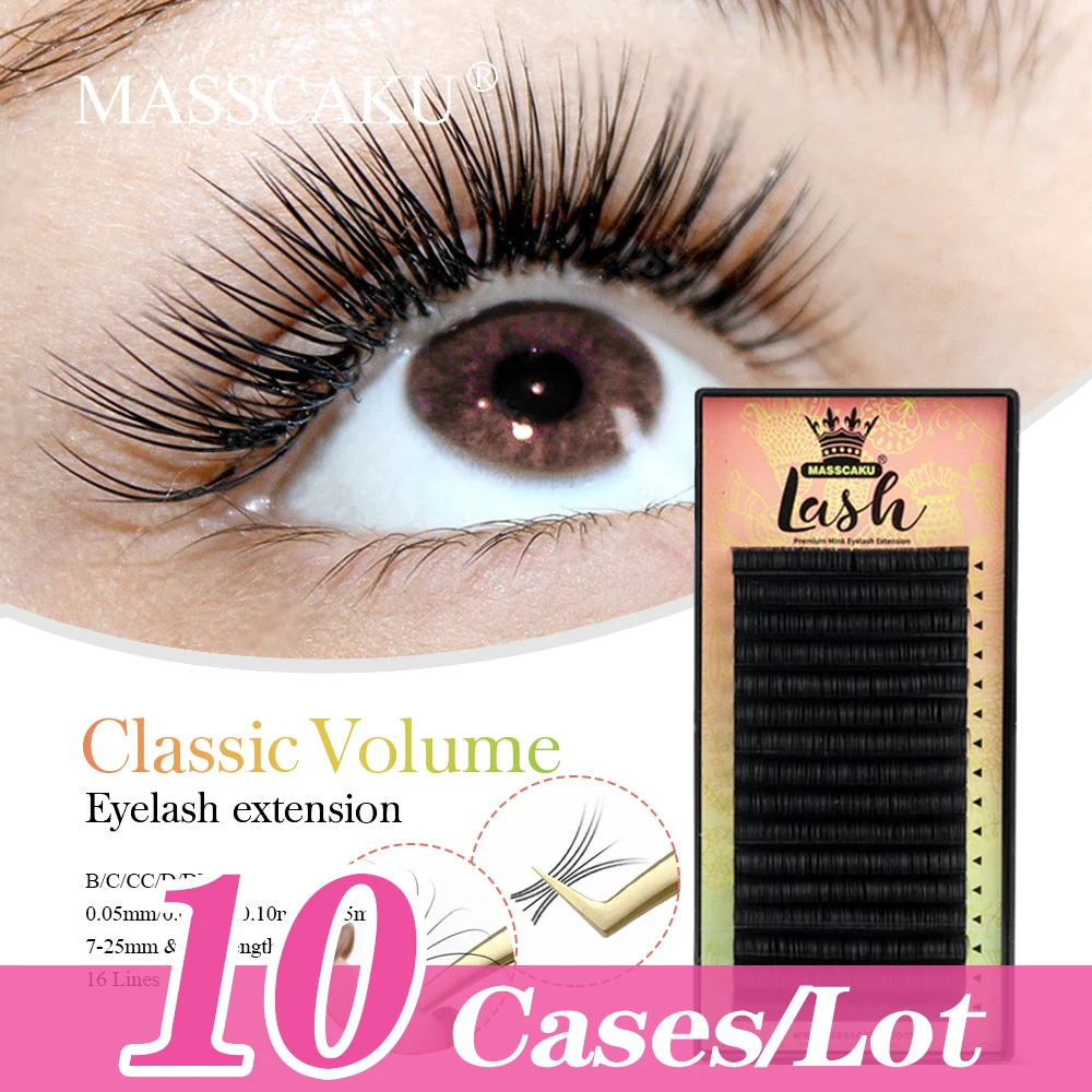 

10case/lot Private Label Masscaku Super Soft Silk 8-20mm Classic Lashes Russian Volume Individual Mink Eyelashes Extensions