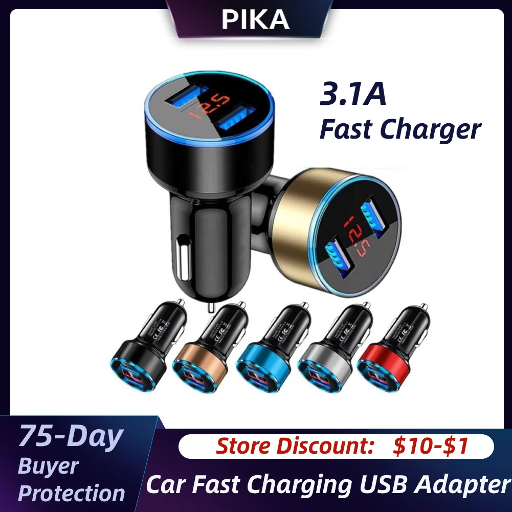 

Car Charger For Cigarette Lighter Smart Phone Adapter Mobile Phone Charger 3.1A Dual USB Digital Display Voltmeter Fast Charging