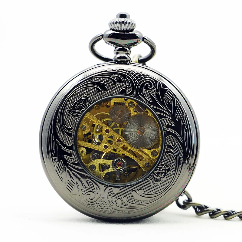 Retro Hand Wind Mechanical Pocket Watch With Fob Chain Mens Hollow Skeleton Dial Black Steel Fashion Pocket Fob Watches Gifts