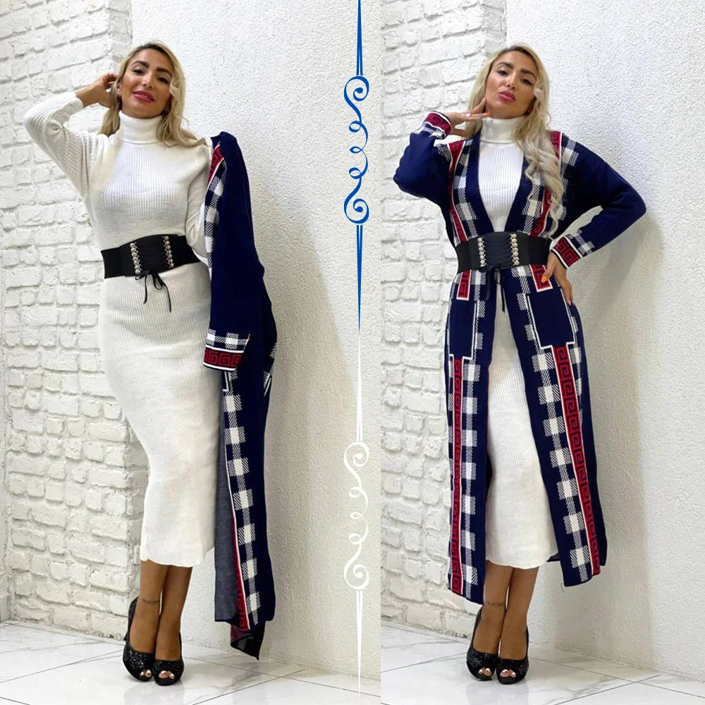 Cotton Knitted Set Dress and Cardigan Winter Women Fashion Elastic Waist Free Size Relax Big Plus Size Muslim Modest Long Dress