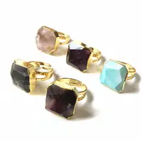 FUWO Fashion Design Amethysts Fluorite Turquoises Pink Quartz Ring With Gold Trimmed Raw Stone Ring Gift For Women RG252 10PCS