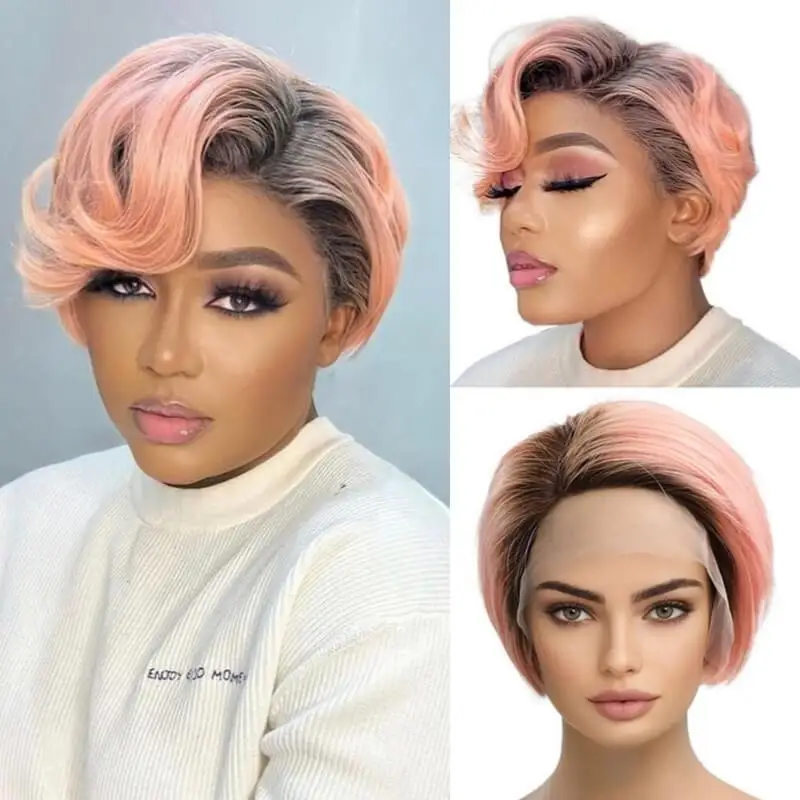 Pink Pixie Cut Wig Human Hair 13x4x1 Lace Front Short Bob Straight Human Hair Wigs Brazilian Virgin Hair Wig For Women Ulamaz