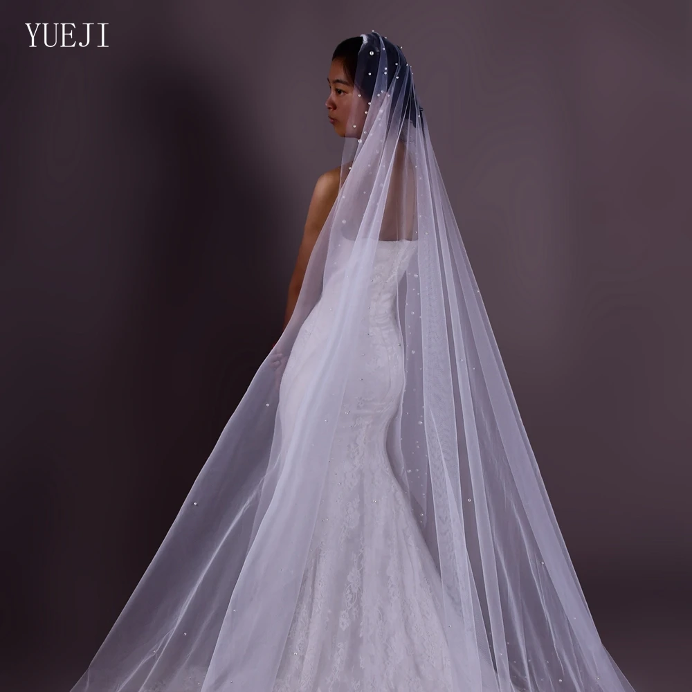 YUEJI Элегантная жемчужная фата с белым собором однослойная свадебная платья de novia