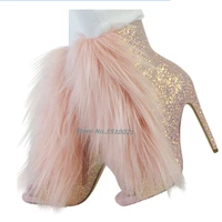 shiny pink glitter soft fur ankle boots peep toe bling stiletto high heels side zipper sexy european style autumn new arrivals