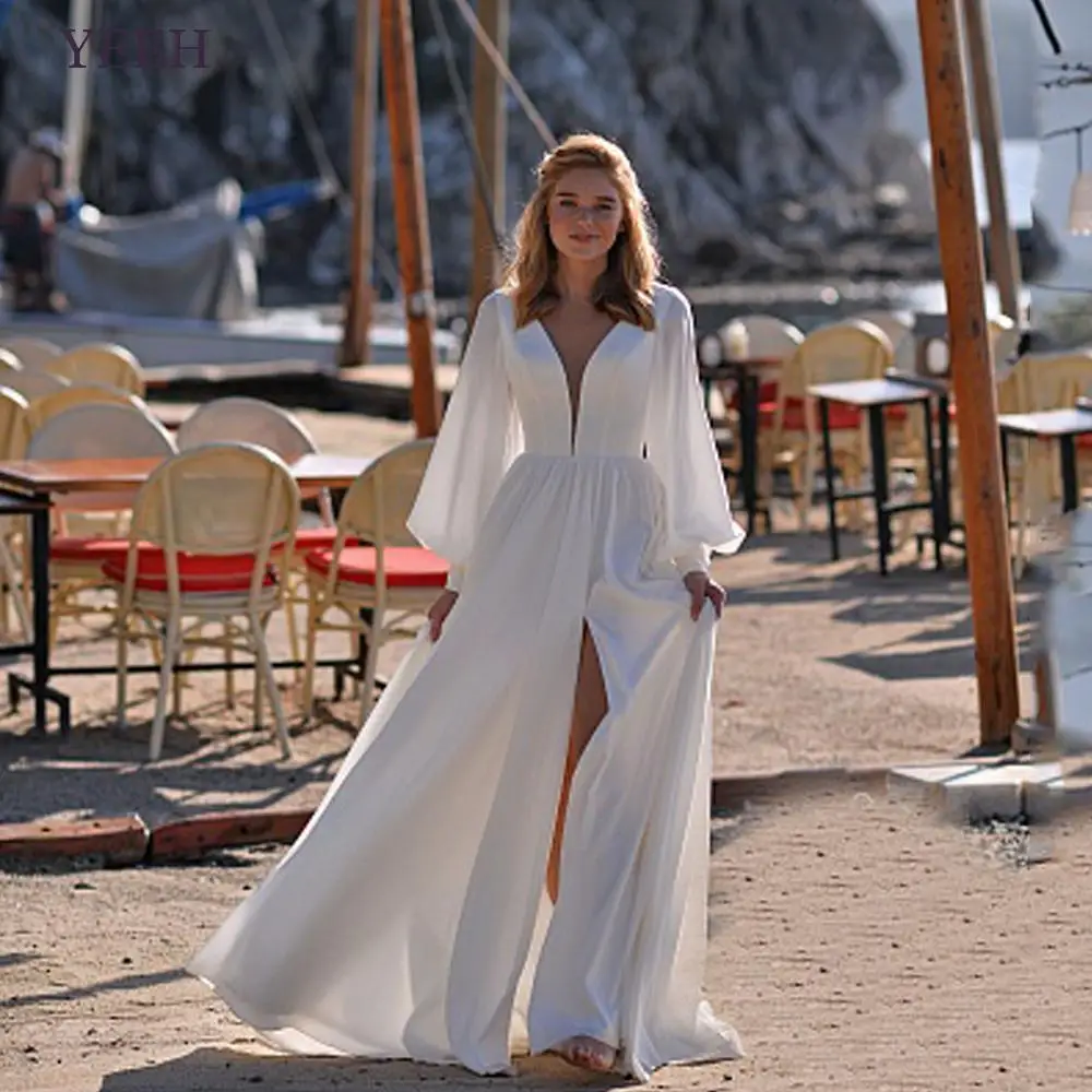 

YEEH Beach Simple Stain Wedding Dre For Women 2023 High Split V-Neck A-Line Robe De Mariée Long Sleeve Lace-Up Vestido De Novia
