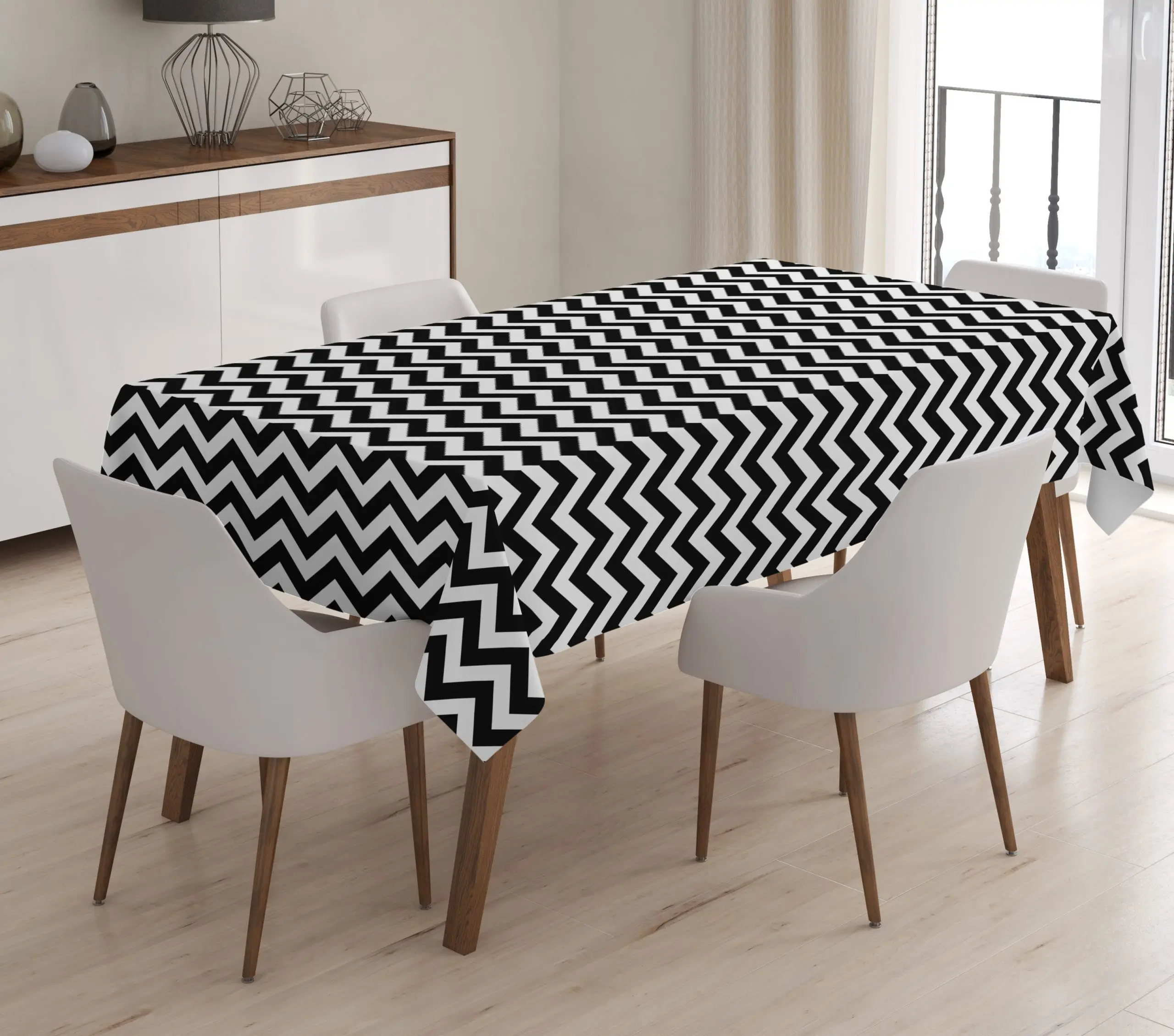 

Black and White Zigzag Patterned Stain Resistant Digital Printed Table Cloth,3D Digital Printing, Laser Cut With Oriental Patter