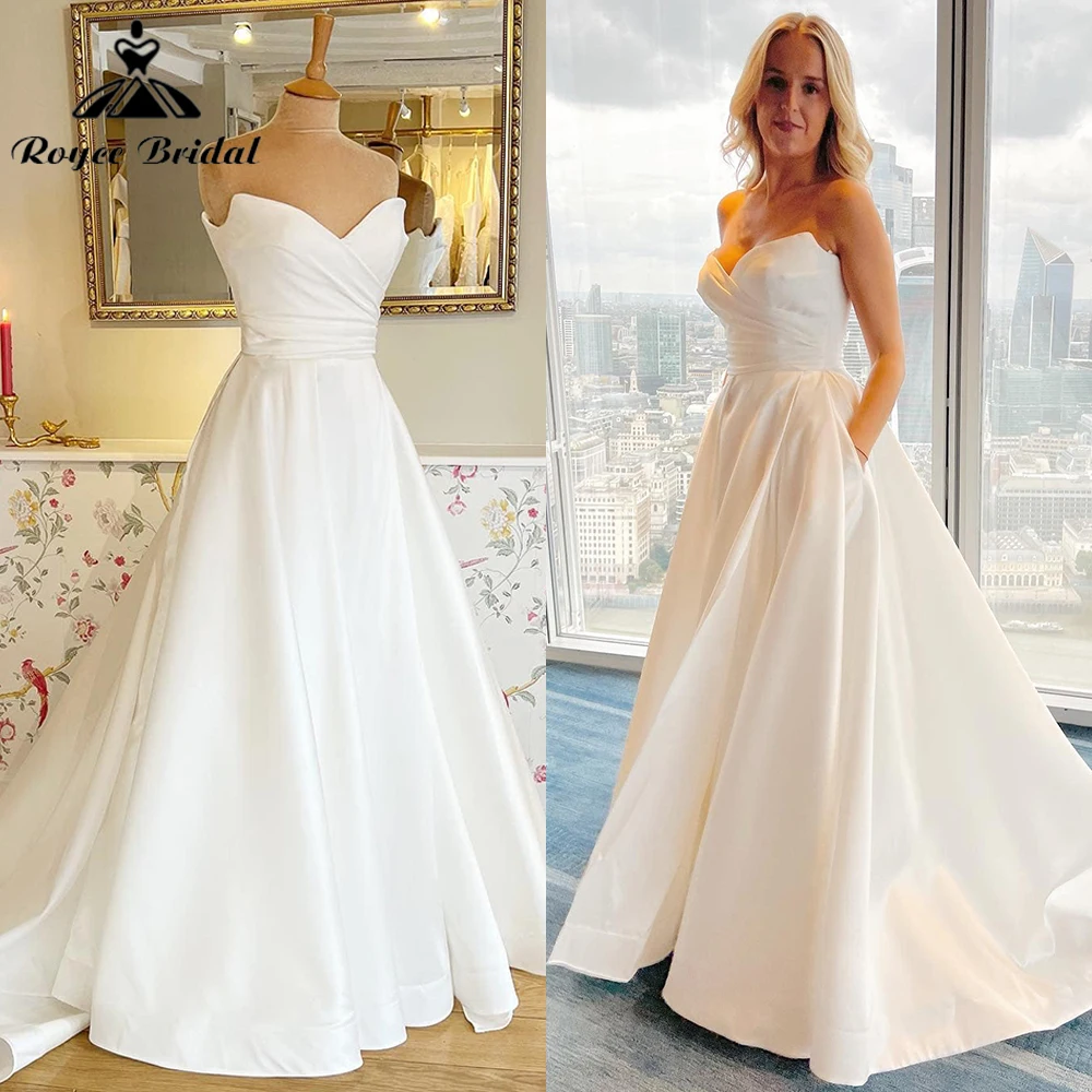 

Vintage Sweetheart with Pockets Pleat Satin A Line Wedding Gowns 2023 Bridal Dress Sweep Robe De Mariée Vestidos De Novia