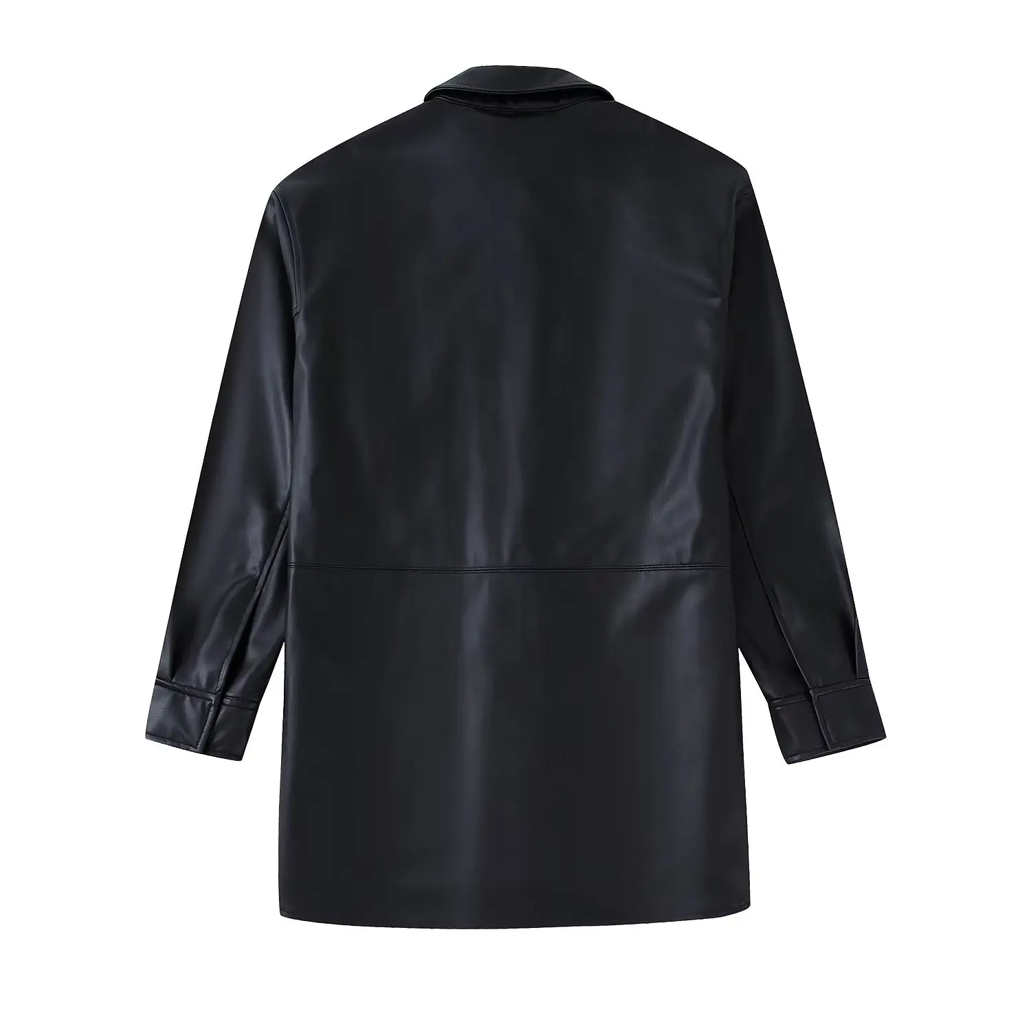 Clothland Women Chic Black PU Leather Jacket Pockets Long Sleeve Coat Vintage Casual Tops Blusa Mujer LA654