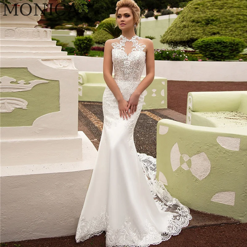 

MONICA Trumpet Wedding Dress 2022 Halter Sleeveless Appliques Bride Gown Floor-Length Court Train Vestido De Novia Custom Made