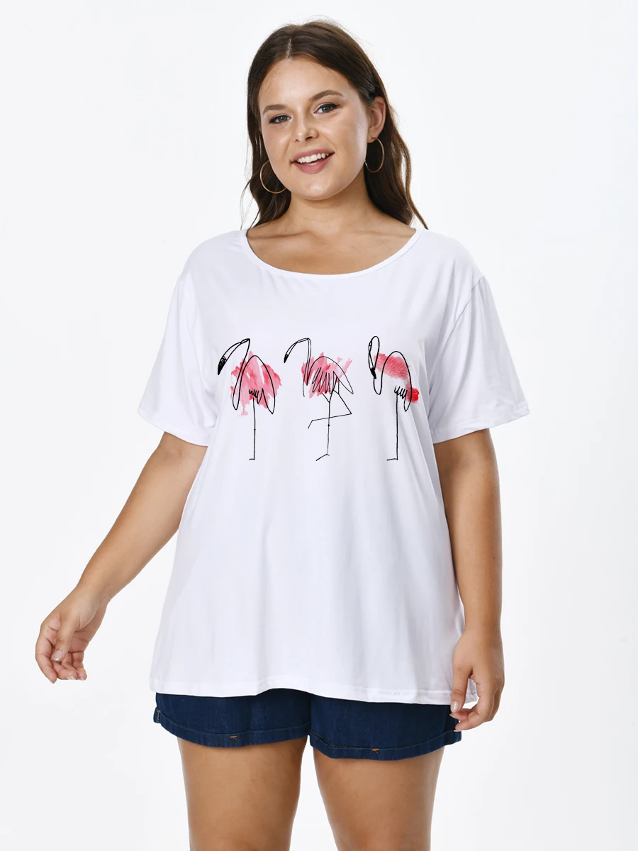 

Plus Size Women T-shirt With Flamingo Print O-neck Short Sleeve Tops for FEMMES Large Tunics Blouses Mujeres Talla 22061502