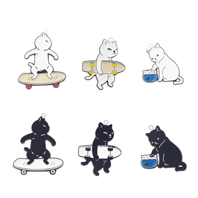 

10PCS Black White Cat Acrylic Pendants Epoxy Resin Fish Cat Skateboard Makings Charms For Earrings Bracelets Keychain Jewelry