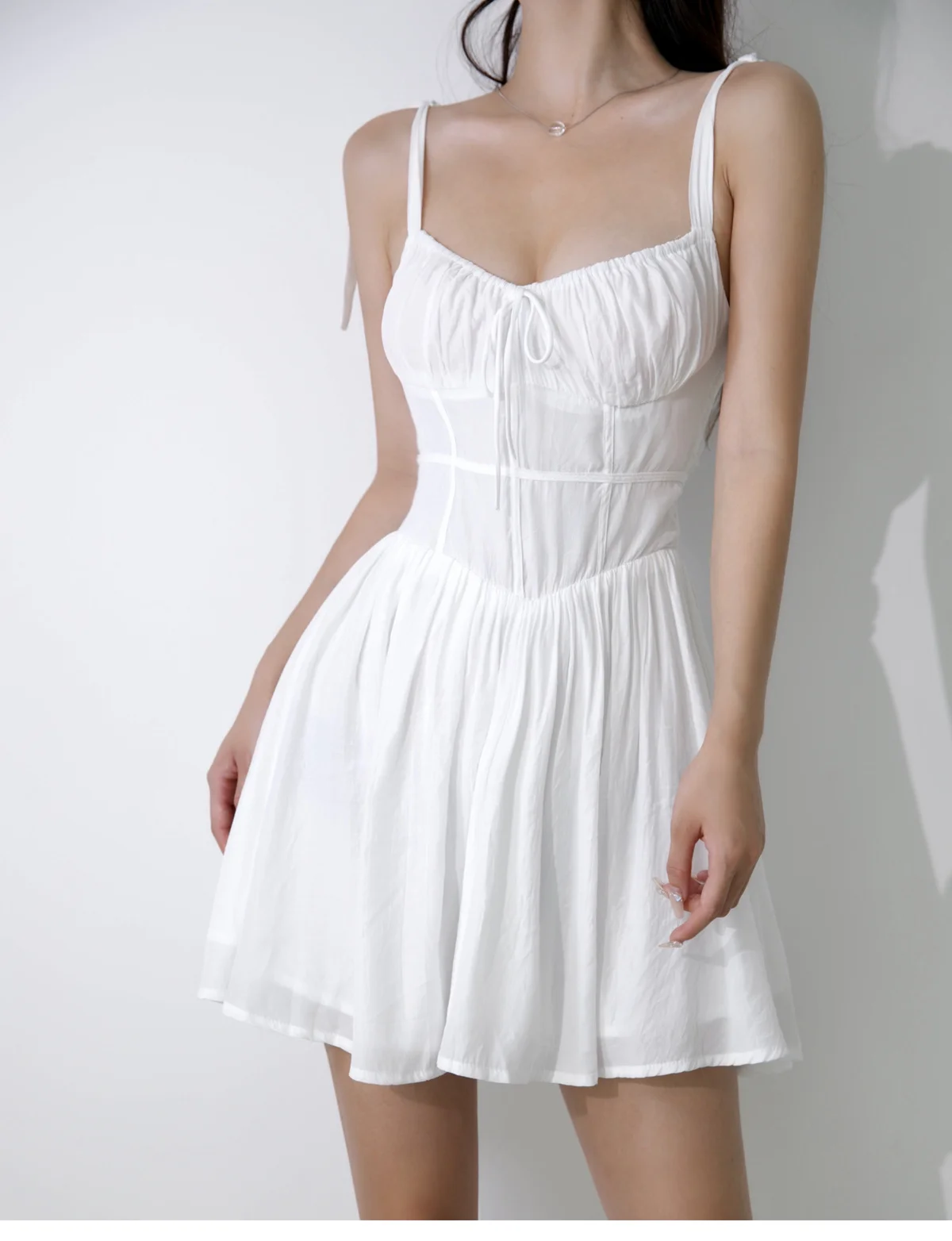 

Women's Summer Mini Dress Casual Sleeveless Bow Tie Shoulder Ruched Bust Babydoll Dress Beachwear