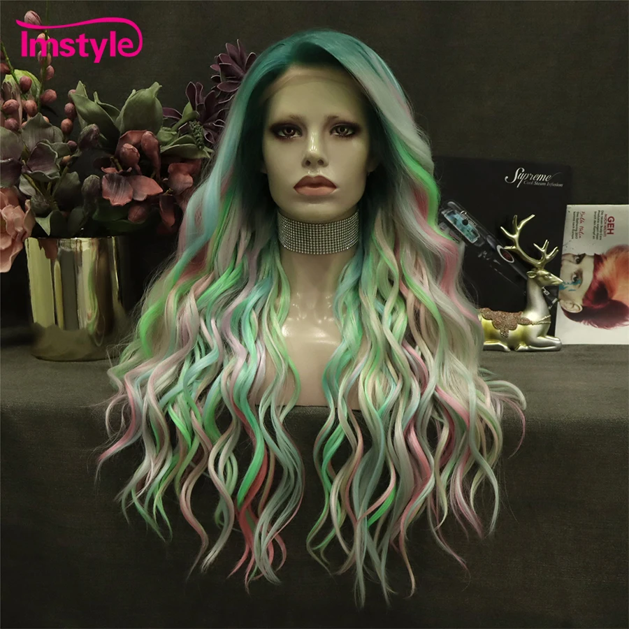 Imstyle Colorful Synthetic Lace Front Wig Multicolor Long Wigs Natural Wavy Heat Resistant Green Pink Cosplay Wig For Women