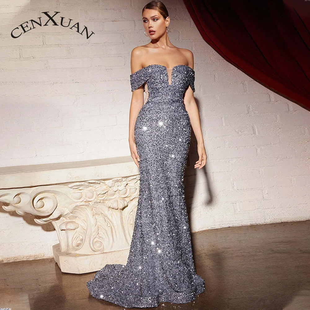 

CENXUAN Luxury Prom Evening Dresses Sequins V-neck Off The Shoulder Backless Mermaid 2023 Vestidos De Baile Made To Order