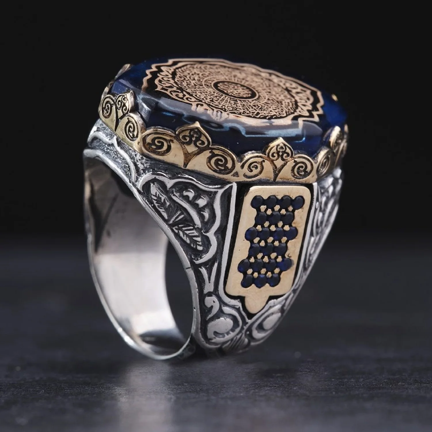 Blue Amber Stone Mens Silver Ring, Qarnet GemStone Band, Gifts For Muslim, Turkish Handmade Ring, adjustable Jewelry Male, Islamic Custom For Men Seal Rings Gemstone Personalized Jewelry Male Band Stainless Real Gift