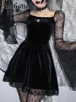 insgoth black goth mall lace pattern velvet women dress sexy elegant party club robe grunge aesthetic e girl long sleeve dresses
