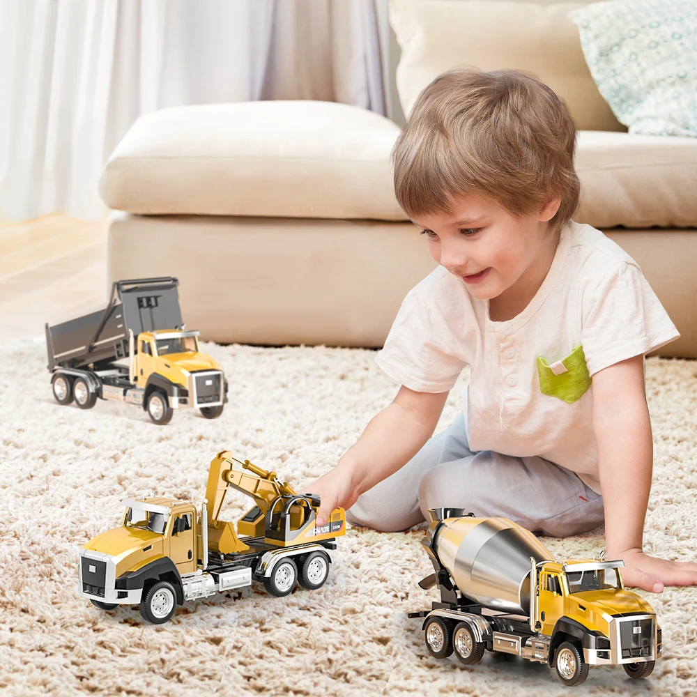 3 pacote de diecast engenharia veículos de construção dump digger mixer caminhão 1/50 escala metal modelo carros puxar para trás carro crianças brinquedos