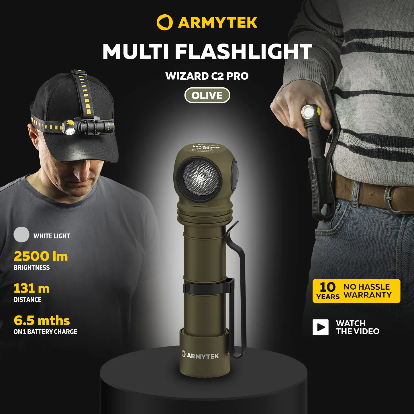 

Фонарь налобный Armytek Wizard C2 Pro, белый свет, оливковый