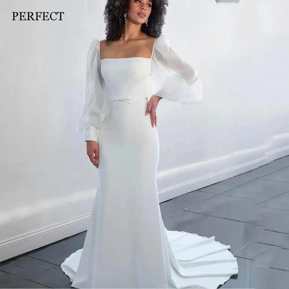 

PERFECT Square Collar Mermaid Wedding Dresses Elegant Long Sleeves Backless Bridal Gowns Custom Made Sweep Train Robe De Mariée